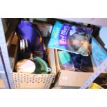 Two boxes of mixed household items including backpacks, knives etc. Not available for in-house P&P