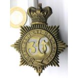 British Victorian type cap badge for 36th Herefordshire Regiment. P&P Group 1 (£14+VAT for the first