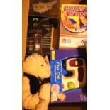 Quantity of boxed items and a Rush teddy bear. Not available for in-house P&P