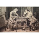 Engraving of two chess players, signed Charles Taylor, 30 x 27 cm. Not available for in-house P&P