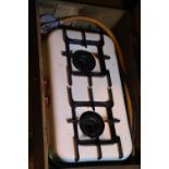 Vintage enamel finished double burner caravan/camping gas stove in wooden case. Not available for