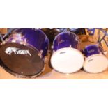 Tiger drum shells, bass drum and two toms. Not available for in-house P&P