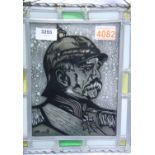 Leaded stained and painted glass panel depicting a WWI German General, signed H Burkes. P&P Group