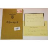 German Third Reich type Ahnenpass canvas covered book, partly completed with an (unknown,