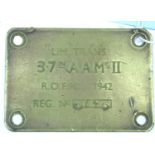 British WWII type brass 3.7 Anti-Aircraft gun plate, dated 1942, from the Royal Ordinance Factory,
