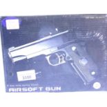 Airsoft V9 gold coloured hand gun, boxed. P&P Group 1 (£14+VAT for the first lot and £1+VAT for