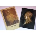 German WWII type copper side profile of Adolf Hitler, mounted on a lacquered wood plaque, 16 x 22