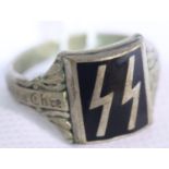 German WWII type enamelled silver SS signet ring with inscription to the shank, size W. P&P Group