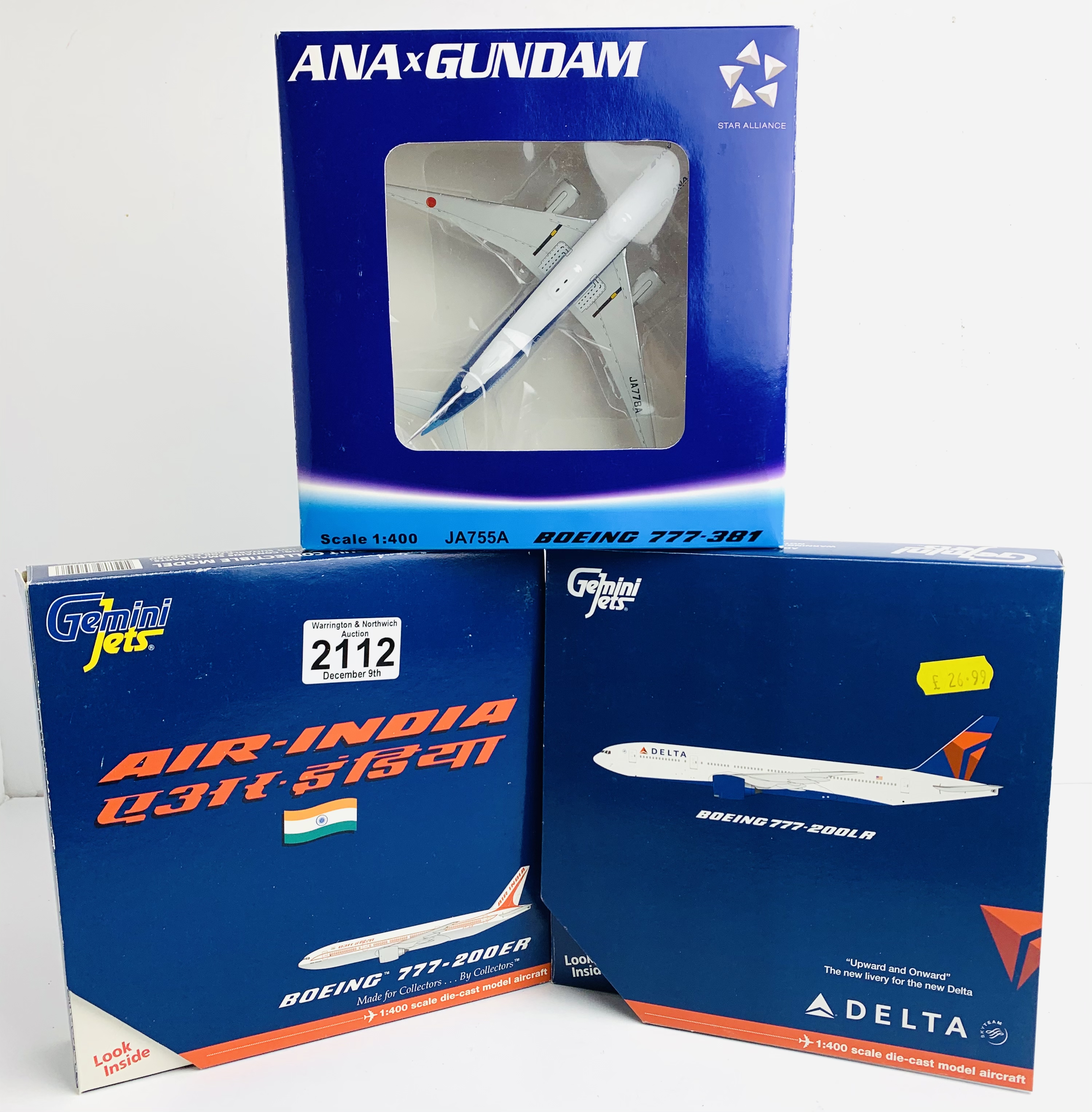 3x Gemini Jets 1:400 Airliners - To Include: Air India 777-200ER, Delta 777-200LR, ANA 777-381 -