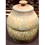 Islamic 17th/18th century covered terracotta pot with naive painted decoration, H: 26 cm. P&P
