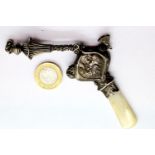 Victorian hallmarked silver rattle and teething ring with mother of pearl handle, P&P Group 1 (£14+