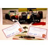 Autographs; Sebastian Vettel, Nico Hulkenberg, Jarno Trulli and Nick Heidfeld, all pen signed on