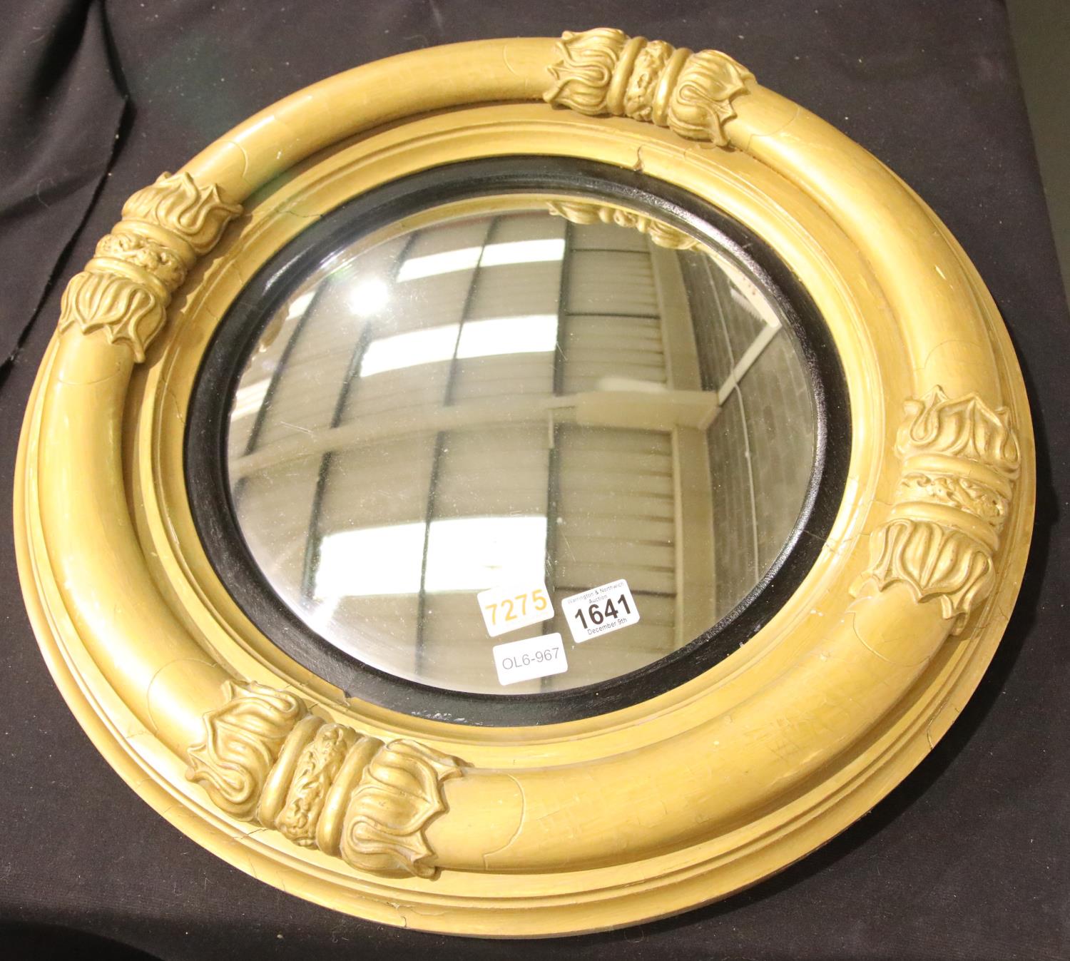 Regency circular convex mirror with heavy gilt wood frame, overall D: 62 cm. not available for in-