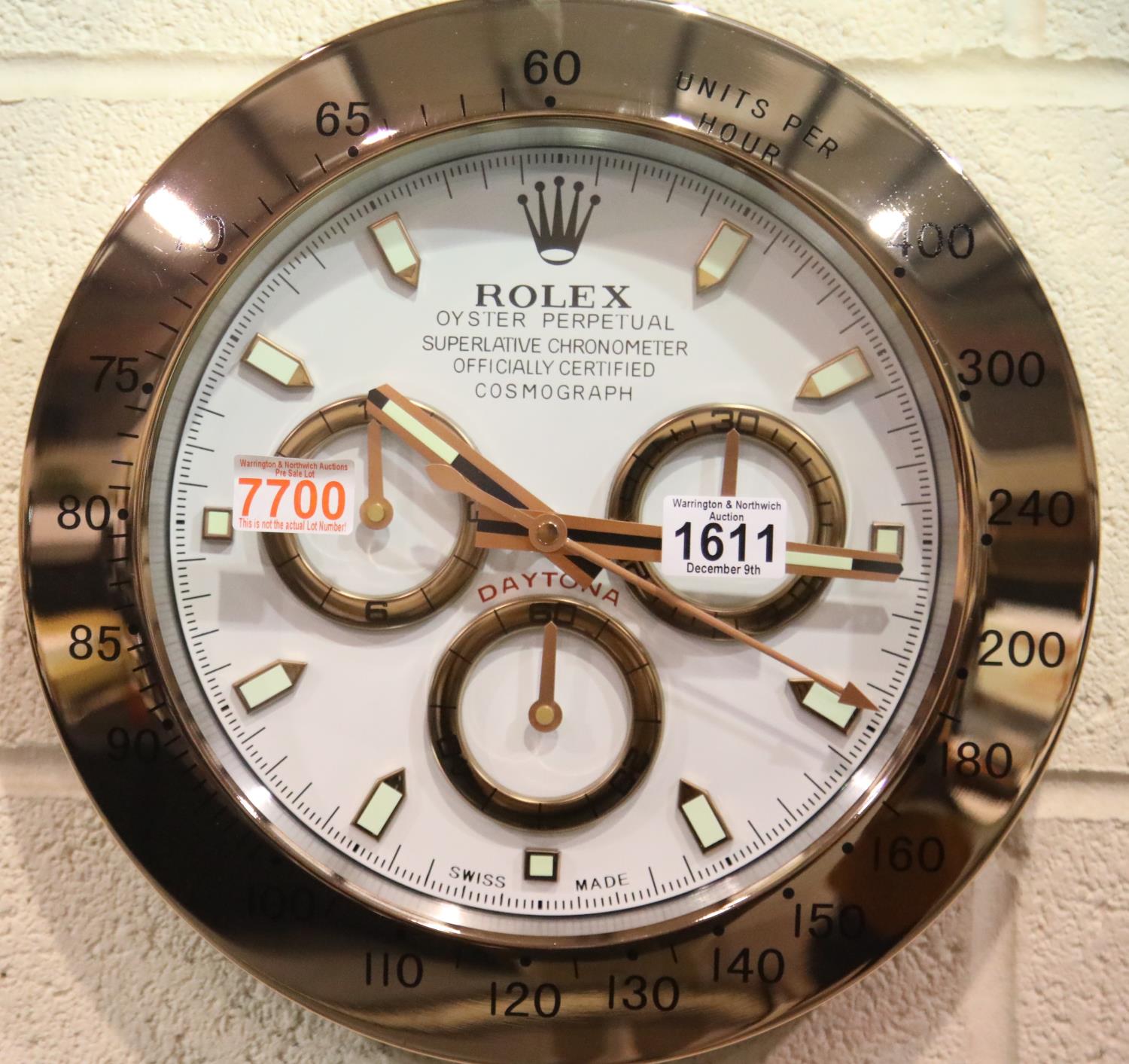 Dealers point of sale wall clock with white dial and gold bezel, sweeping second hand. P&P Group