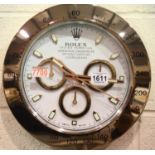 Dealers point of sale wall clock with white dial and gold bezel, sweeping second hand. P&P Group