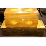 Georgian inlaid walnut knife box and an inlaid mahogany three section tea caddy, both for