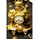 Antique gilt cast metal chiming clock depicting two Grecian ladies in full dress either side of