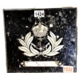 Royal Navy WWII type glass panel, probably removed from Officers Mess door, 28 x 25 cm. P&P Group