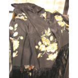 Black silk hand embroidered shawl with fringe. P&P Group 1 (£14+VAT for the first lot and £1+VAT for