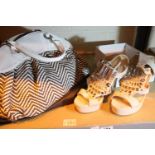 Jack and Celine herringbone pattern handbag with dustbag and Miss Selfridge size S designer shoes.