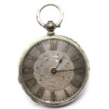 Antique fine silver mid sized key wind pocket watch with silver dial and vacant cartouche, D: 39 mm.