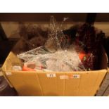 Box of assorted Christmas decorations. Not available for in-house P&P