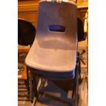 Four mixed plastic seated stacking chairs. Not available for in-house P&P