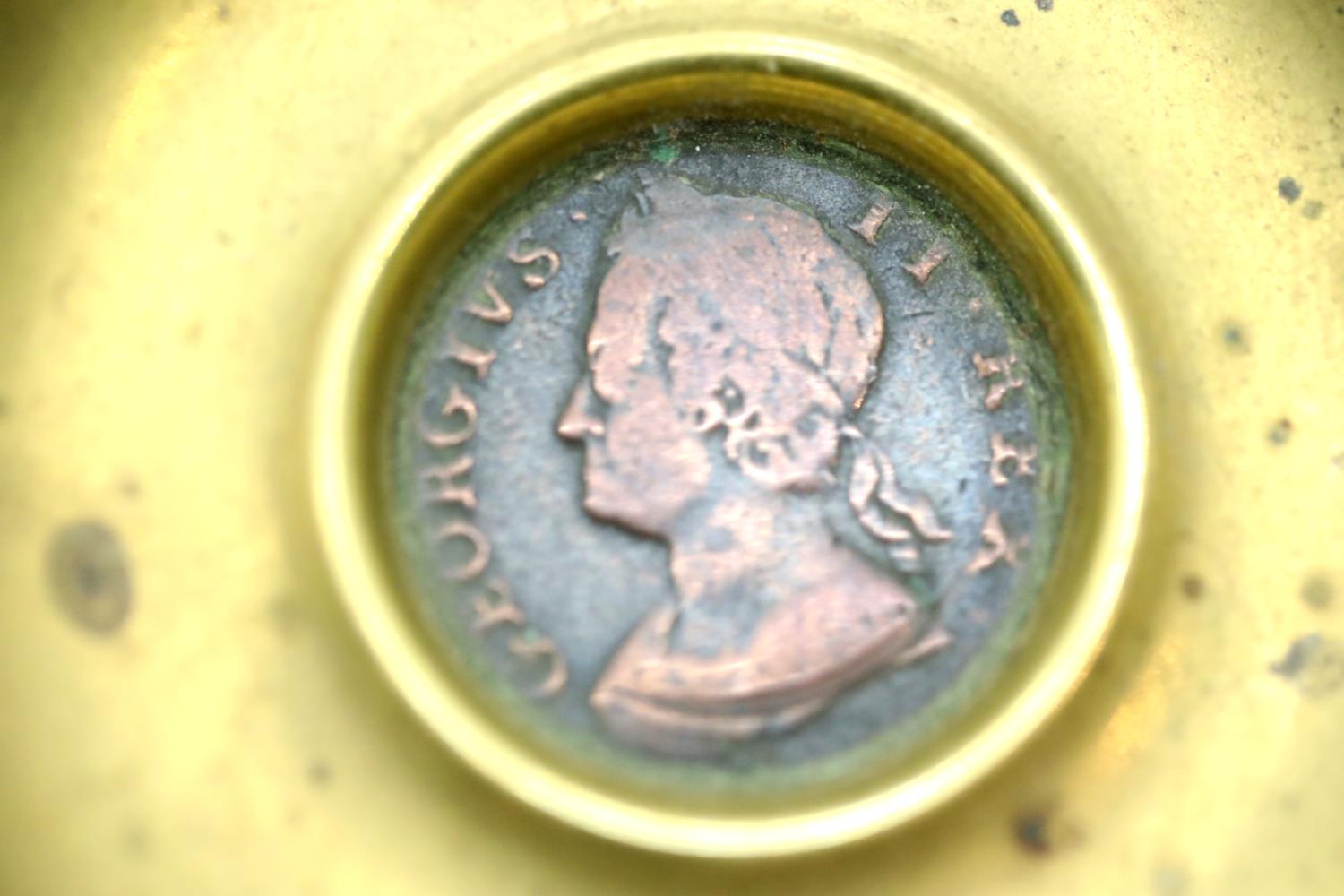 George II 1748 halfpenny set in a brass bowl. P&P Group 1 (£14+VAT for the first lot and £1+VAT - Image 2 of 3