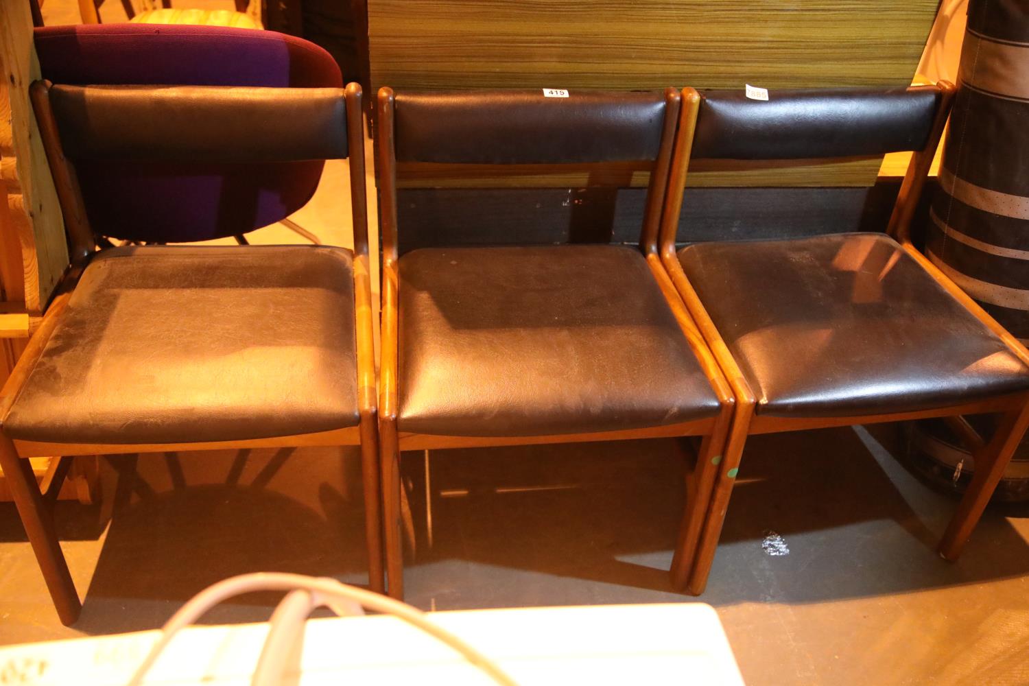 Three retro leather effect/oak chairs. Not available for in-house P&P