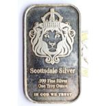 1 ounce 999 silver Scottsdale silver bar. P&P Group 1 (£14+VAT for the first lot and £1+VAT for