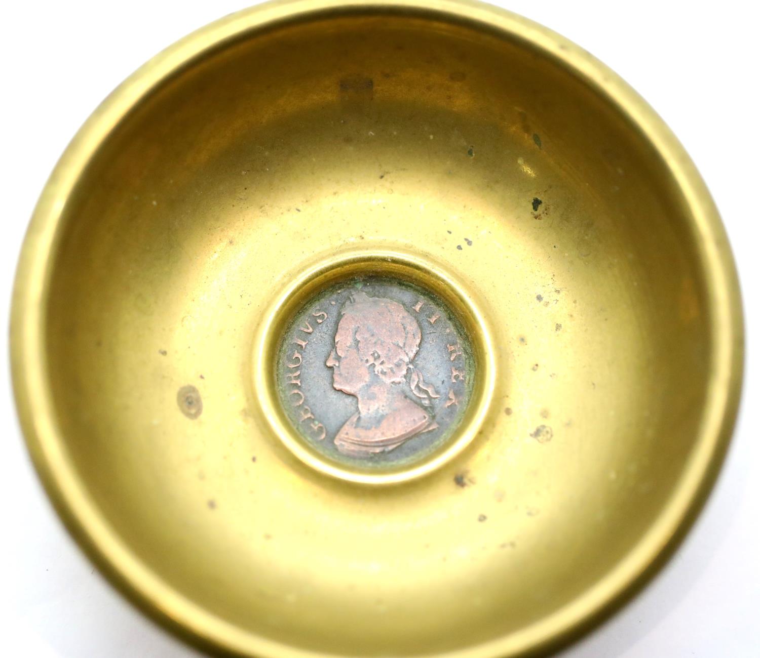 George II 1748 halfpenny set in a brass bowl. P&P Group 1 (£14+VAT for the first lot and £1+VAT