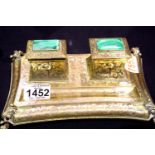 19th century Imperial Russian Empire gilt bronze desk stand, each lined inkwell hinged cover set