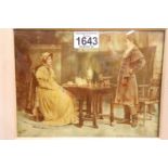 An Edwardian crystoleum depicting a lady and gentleman at tea, gilt framed, 23 x 17 cm. Not