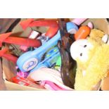 Box of mainly children's toys including teddies, guitars etc. Not available for in-house P&P