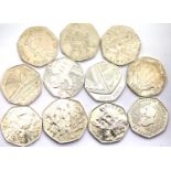 Eleven mixed 50p pieces including Beatrix Potter, Olympics and D Day. P&P Group 1 (£14+VAT for the