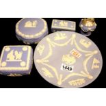 Wedgwood blue jasperware plate, table lighter and three lidded boxes. P&P Group 3 (£25+VAT for the