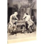 Engraving of two chess players, signed Charles Taylor, 30 x 27 cm. Not available for in-house P&P