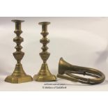 A Pair Of Victorian Brass Candlesticks, 25.5cm; A Brass Car Horn.