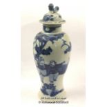 A 19th Century Chinese Blue and White Baluster Vase, The Lid With Dog Of Fo Finial, Decorated