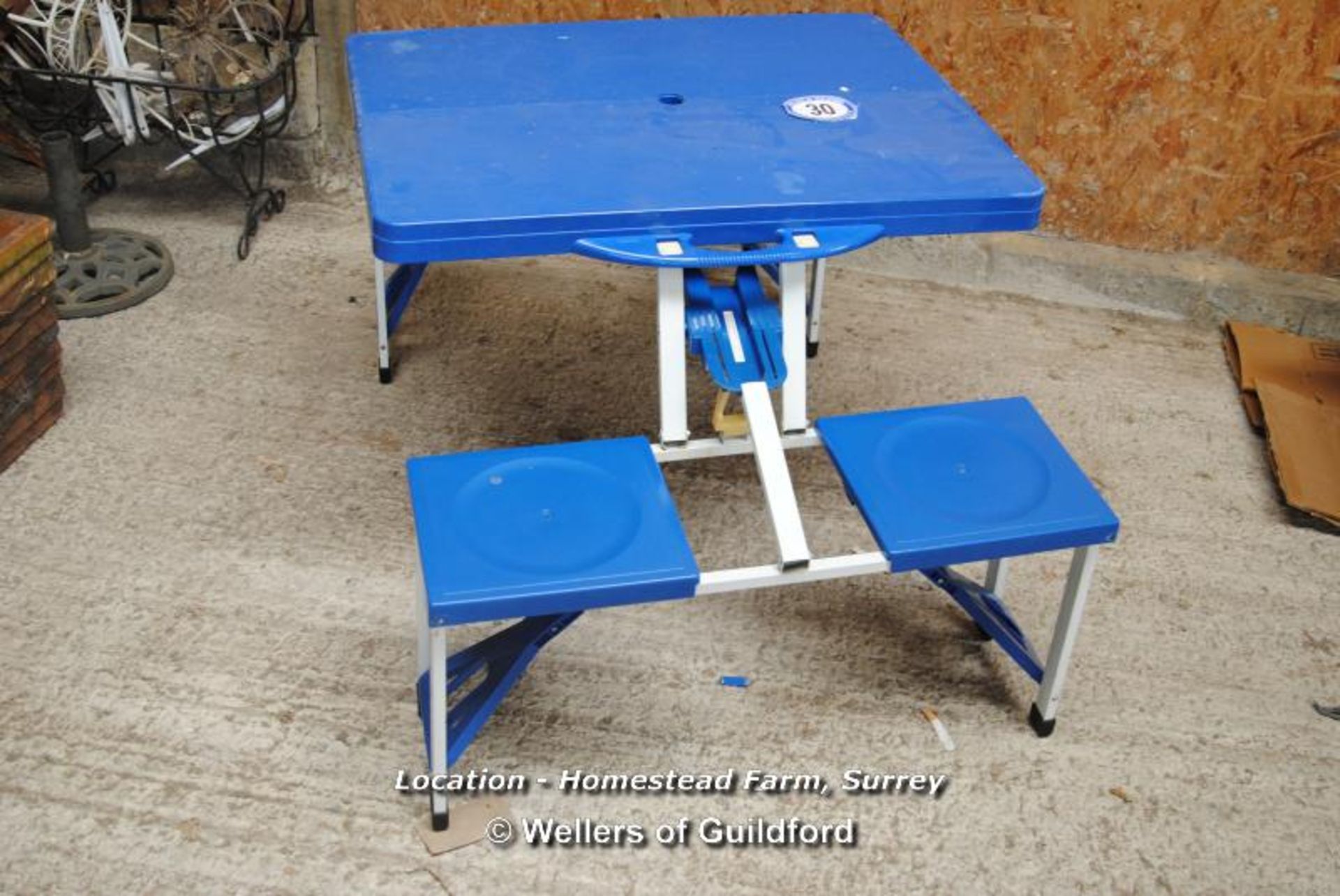 FOLD OUT CAMPING TABLE WITH BUILT IN CHAIRS [LOCATION: HOMESTEAD FARM - CALL THE OFFICE TO BOOK A