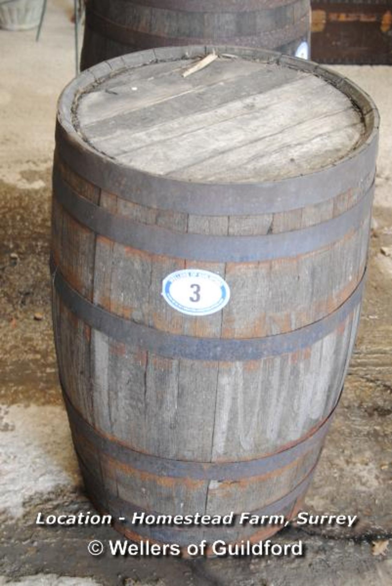 *OLD WHISKY BARREL (APPROX 3FT X 22") [LOCATION: HOMESTEAD FARM - CALL THE OFFICE TO BOOK A