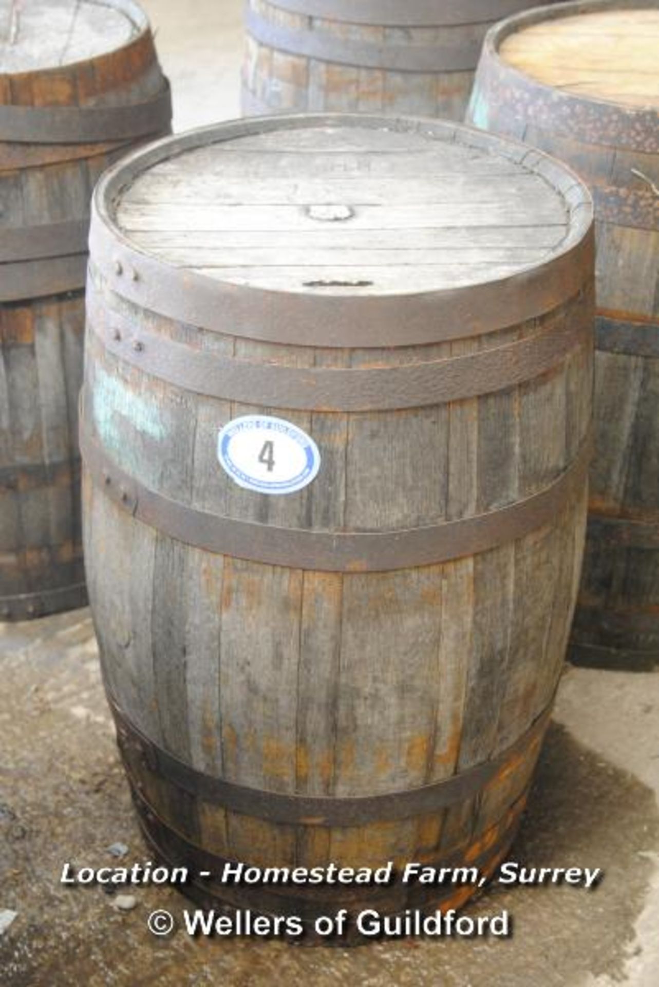 *OLD WHISKY BARREL (APPROX 3FT X 22") [LOCATION: HOMESTEAD FARM - CALL THE OFFICE TO BOOK A