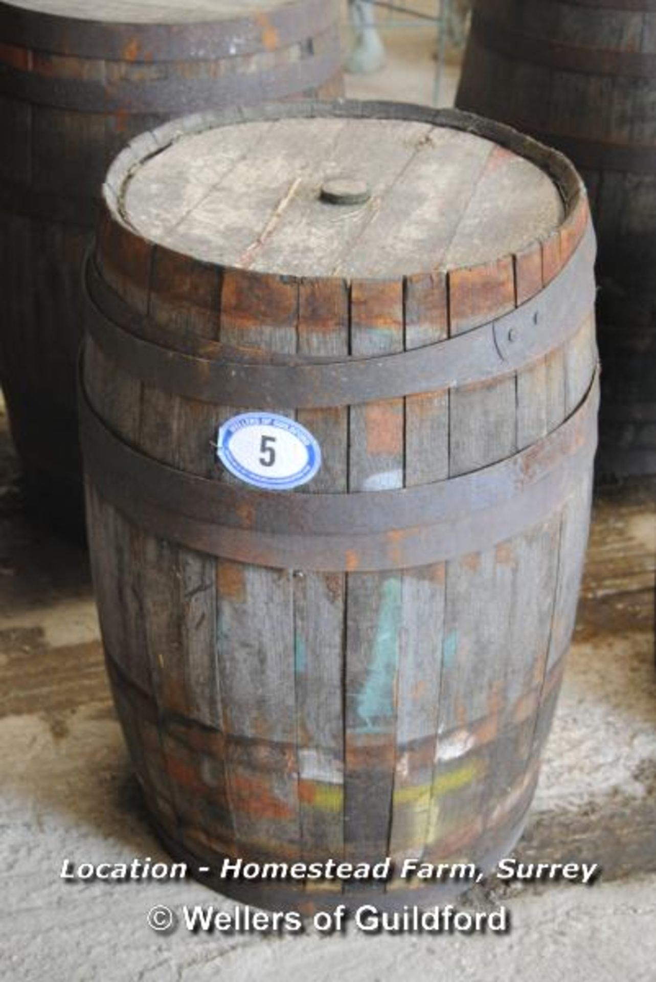 *OLD WHISKY BARREL (APPROX 3FT X 22") [LOCATION: HOMESTEAD FARM - CALL THE OFFICE TO BOOK A