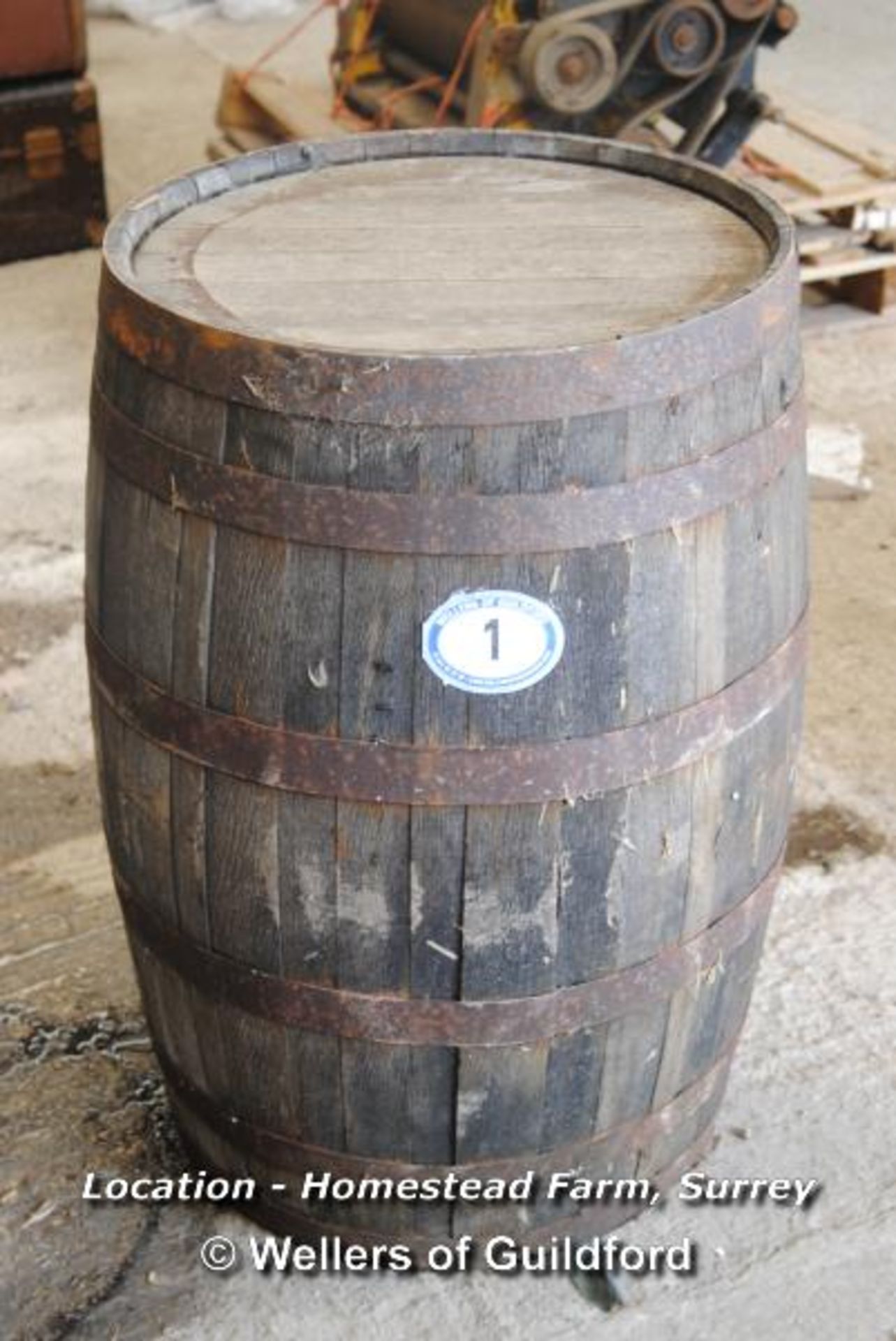 *OLD WHISKY BARREL (APPROX 3FT X 22") [LOCATION: HOMESTEAD FARM - CALL THE OFFICE TO BOOK A