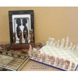 *African Wood Carvings; Carved Stone Board Game; Inlaid Folding Games Board.