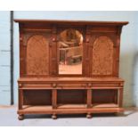 *LARGE VICTORIAN TUDOR STYLE OAK SIDEBOARD WITH MIRROR AND TAPESTRY PANELS. 2240MM X 1910MM X 360MM