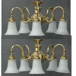 *PAIR OF BRASS LIGHTS WITH DECORATED ARMS, ELECTRIFIED, MID 1900. HEIGHT 330MM (13IN) X DIAMETER