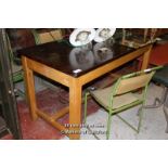 *LAB TABLE WITH TEAK TOP. HEIGHT 760MM X WIDTH 1525MM X DEPTH 660MM