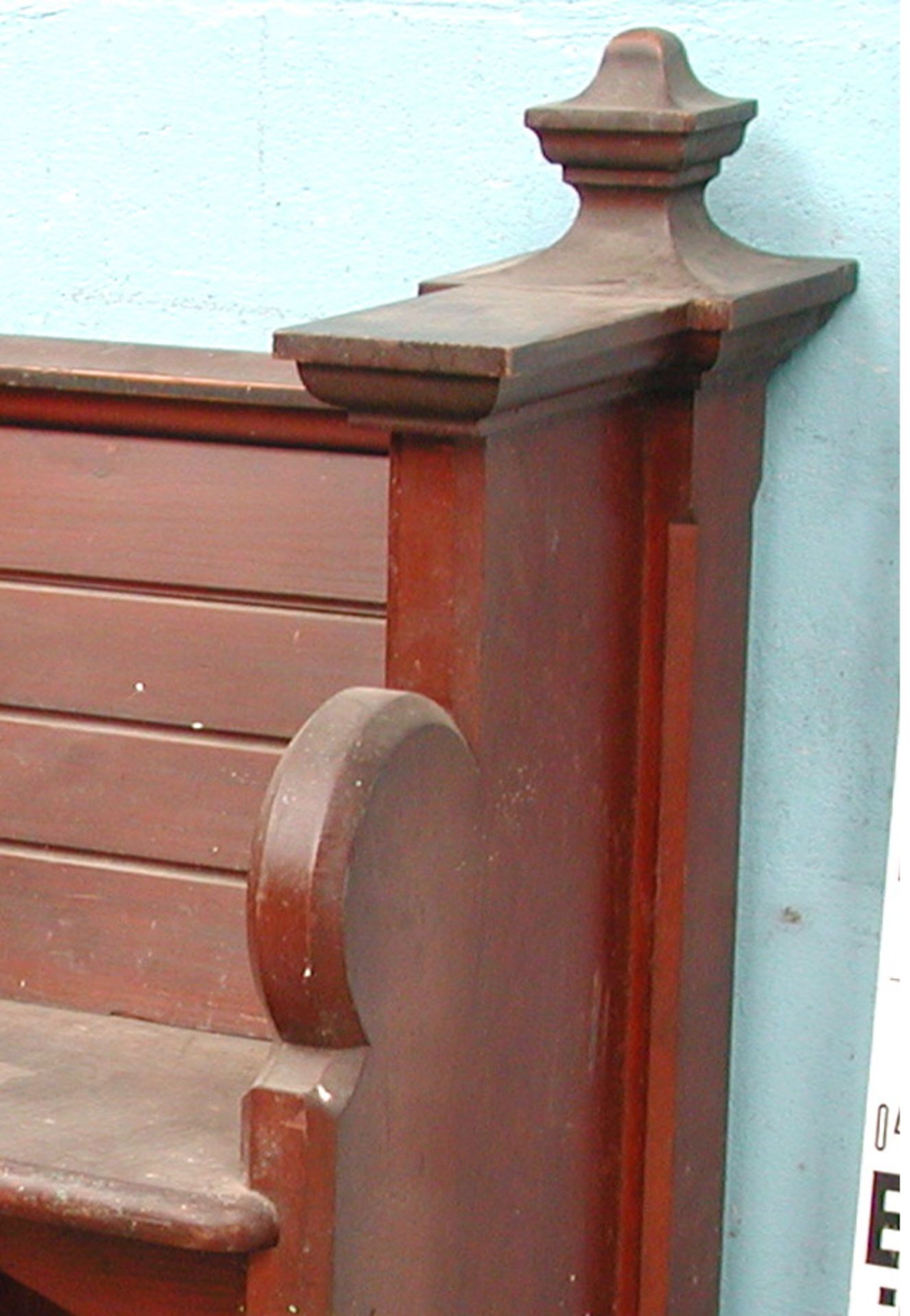 *PITCH PINE DOUBLE CLERGY SEAT. DARK VARNISH WITH SEAT SEPARATOR AND FINIALS, 1875. - Image 2 of 2