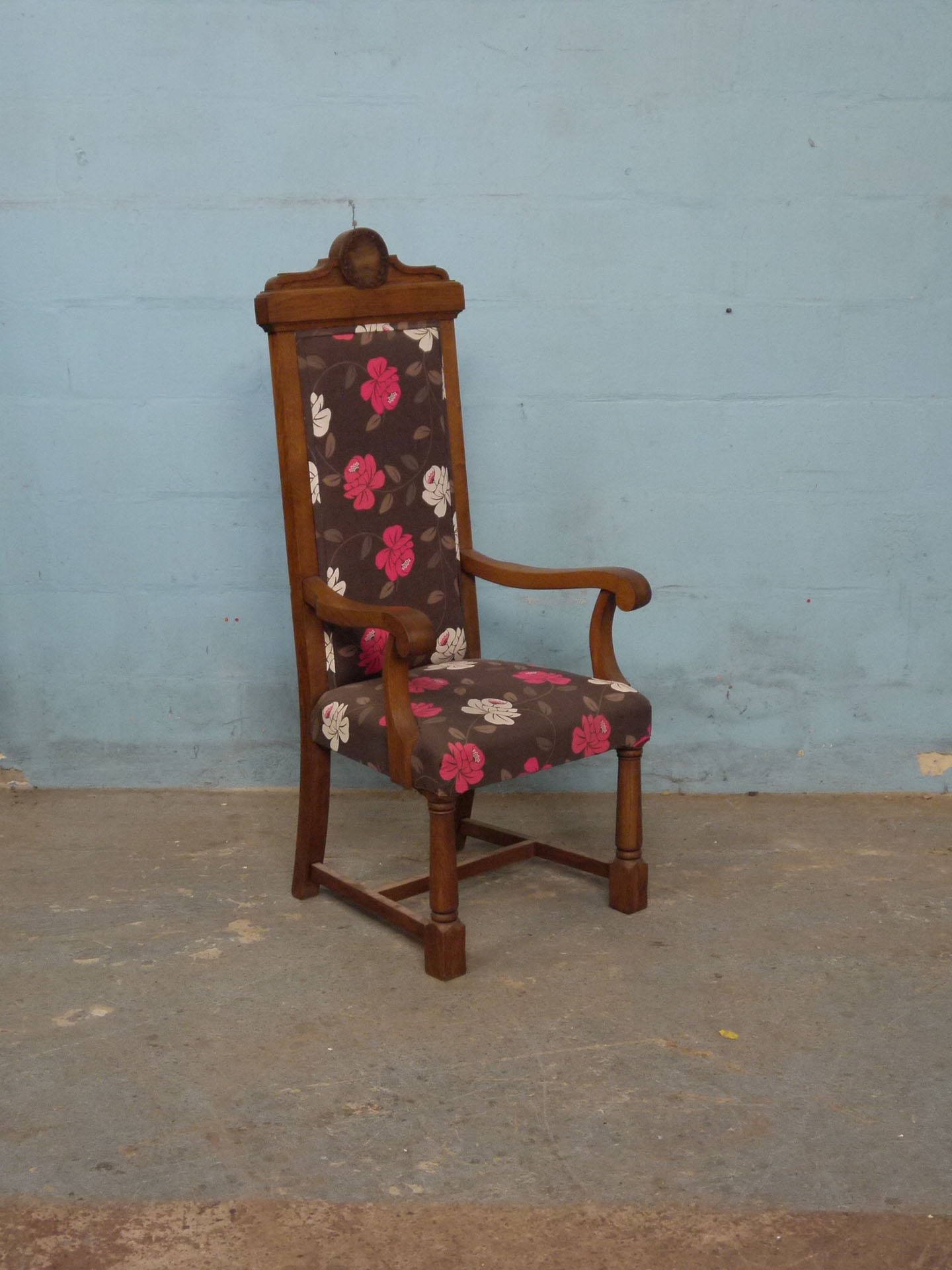 *OAK THRONE RECENTLY RECOVERED IN RECLAIMED FABRIC. HEIGHT 1395MM (55IN) X WIDTH 630MM (24.25IN) X